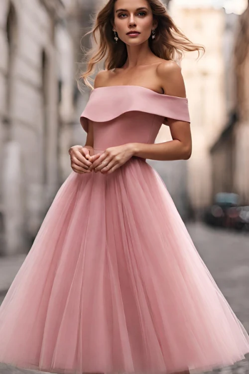 PINUP - tiulowa sukienka bez ramion midi pudrowo różowa