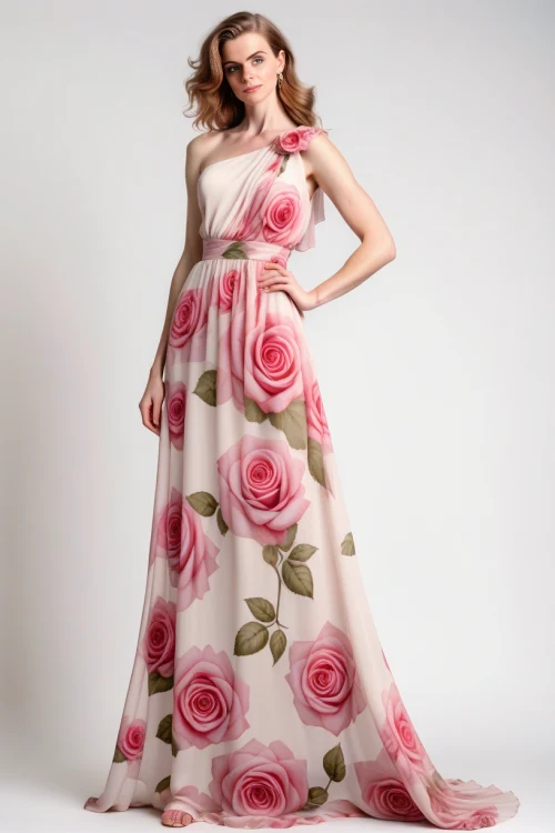 JASMIN - Długa sukienka na jedno ramie w kwiaty ecru