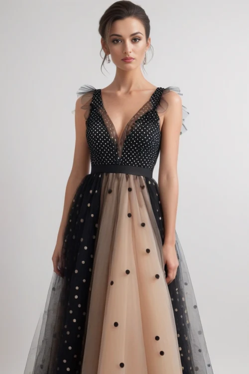 PATRICIA - Długa sukienka z dekoltem i tiulową spódnicą w groszki czarna