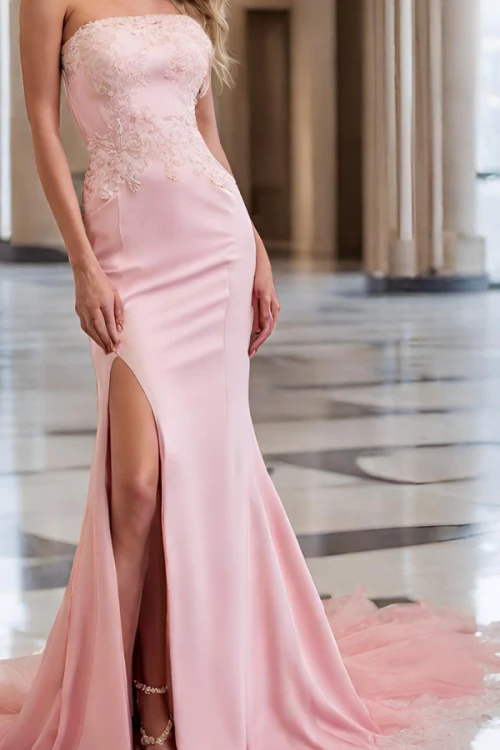 SHANNON - Długa sukienka rozcięciem różowa