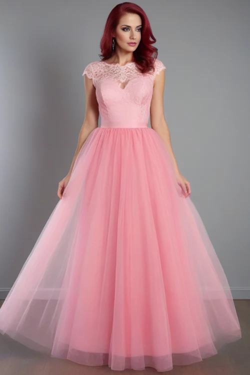 SEVILLA - Długa tiulowa sukienka z koronkową górą różowa
